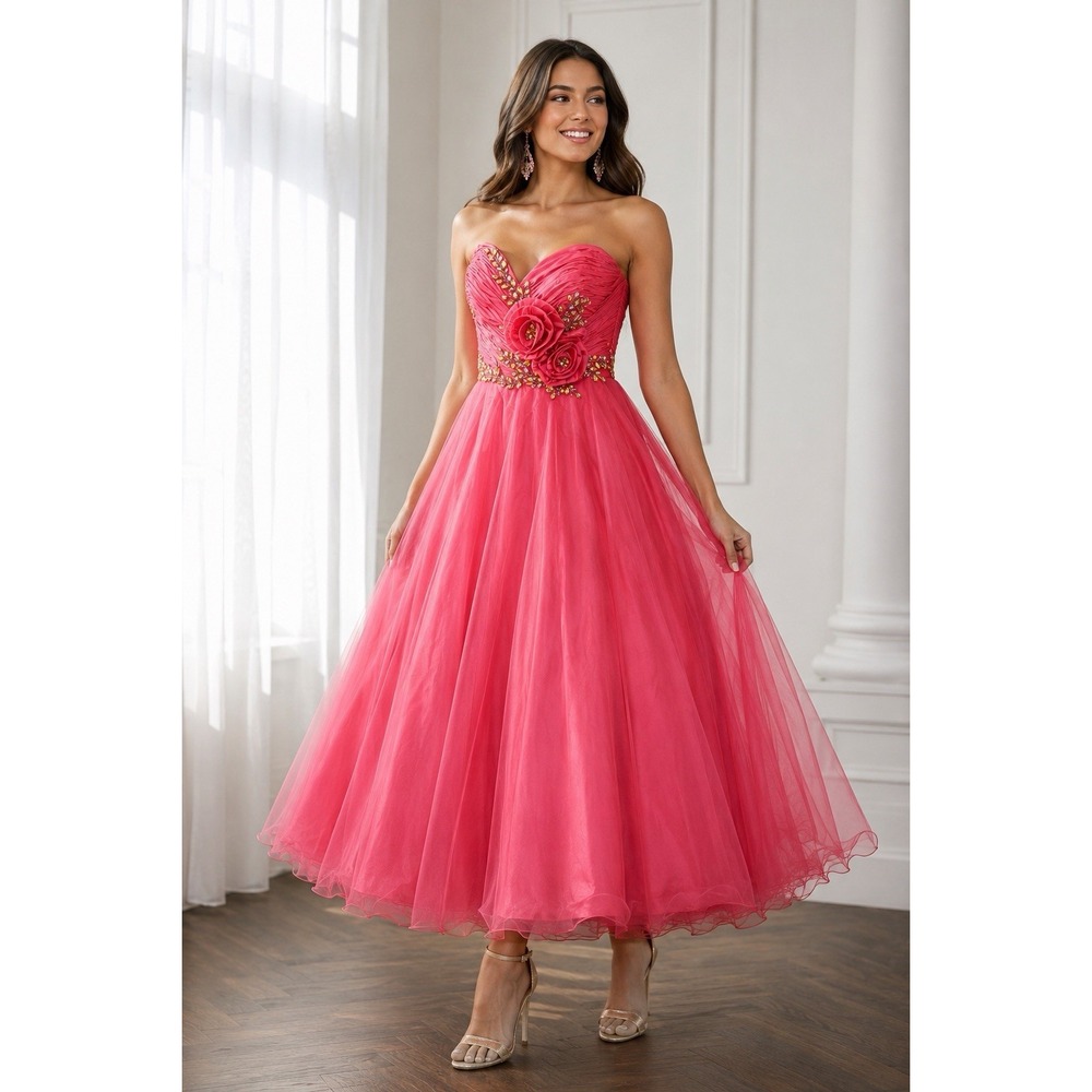 Mac Duggal Strapless Hot Pink Tea-Length Tulle Gown with Embellished Waist